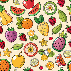 Wall Mural - Different food icons with seamless patterns, for restaurant background or textile print and wrapper or package design. 