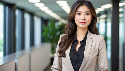 Wall Mural - asian business woman dress neatly and confidently standing in the office