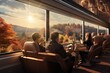 Group of people sitting at the table inside a luxury train and looking out the window. Luxurious and classic train interior. train journey. traveling.