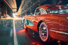 Vintage Red Corvette Driving Through Night, To Convey A Sense Of Nostalgia And Futuristic Glamour With The Iconic Vintage Red Corvette