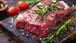Fresh raw beef steak seasoned with herbs and spices, epitomizing gourmet cooking and culinary expertise, suitable for recipe content, cooking shows, and culinary tutorials