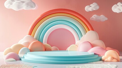 Wall Mural - 3D rendering of a podium with a 3D-printed rainbow, showcasing sustainable baby products