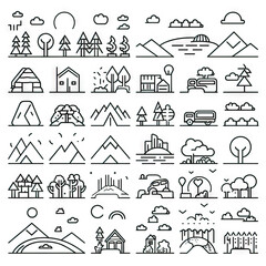 Pixel Panorama - Web Icon Landscapes. Sticker Collection. Multiple. Vector Icon Illustration. Icon Concept Isolated Premium Vector. Line Art. Black Outline. White Background.