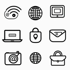 Wall Mural - Net Necessities - Essential Web Icons. Sticker Collection. Multiple. Vector Icon Illustration. Icon Concept Isolated Premium Vector. Line Art. Black Outline. White Background. 