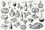 Fototapeta Do akwarium - Set of hand drawn illustrations on theme of wine