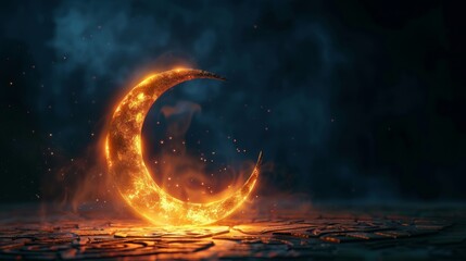 Golden crescent moon with stars and clouds on dark night sky background