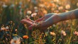Closeup of Female Traveler's Hand Touching Summer Flower Meadow