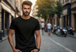© EPDICAY - Young Model Shirt Mockup, Boy wearing black t-shirt on street in daylight, Shirt Mockup Template on hipster adult for design print