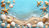Fototapeta Uliczki - Seashells and starfish on a blue background. Summer sea background, greeting card. Copy space.