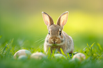 Wall Mural - little bunny in a basket with colorful eggs for easter on a green meadow on background, easter card, generative AI