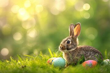 Wall Mural - little bunny in a basket with colorful eggs for easter on a green meadow on background, easter card, generative AI