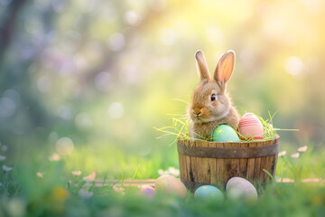 Wall Mural - little white bunny in a basket with colorful eggs for easter on a green meadow on background, easter card, generative AI