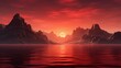 The setting sun bathes sharp cliffs and tranquil waters in a dramatic array of red and orange hues.