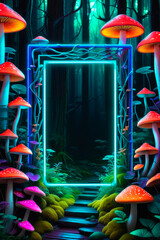 Fantasy mushrooms with neon light and rectangle glowing frame on a in mystic.