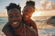 Black couple while laughing on sunset nature adventure and summer vacation 