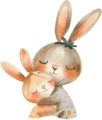 Illustration of two cute bunnies hugging together on easter day with transparent background