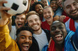 Group of happy sports fans taking selfie while going on soccer match
