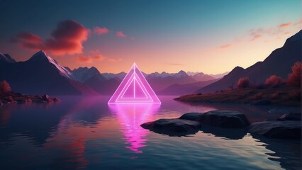 Wall Mural - 3d render. Abstract neon background with simple geometric shape, surreal landscape, mountains, calm water and glowing triangle. Virtual reality.