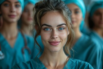 Wall Mural - An intense close-up of a young woman’s face, highlighting her deep blue eyes and subtle smile in a group setting