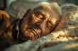 An elderly man was lying on the bed, his whole body lit by soft light