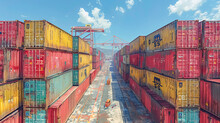 Cargo Containers Stacked At The Docks. Freight Transportation Concept.