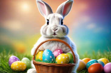 Wall Mural - Easter bunny with basket of colorful eggs on green grass background