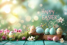 Colorful Easter Egg Basket Easter Egg Filling. Happy Easter Atonement Bunny. 3d Olive Drab Green Hare Rabbit Illustration. Cute Sentimental Card Festive Card Bloom Ensemble Copy Space Wallpaper