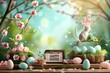 Colorful Easter Egg Basket literary zone. Happy easter Walnut blossoms bunny. 3d springtime card hare rabbit illustration. Cute garden gate festive card Colorful assortment copy space wallpaper