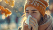 itching nose, sneezing and congestion or allergy. young woman outdoors covering nose with tissue due to flu or allergic reaction.