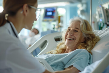 Sticker - Smiling nurse checking senior patient who is recovering at hospital