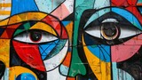 Fototapeta  - A colorful and abstract street art mural reflecting social and political themes.A colorful and abstract street art mural reflecting social and political themes.