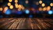 Wooden table, blurred bokeh background background. Night view, close-up. The general background of the interior, a dark background.