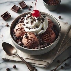 Chocolate  ice cream with cherry on top.. Food photography 