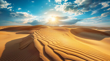 Desert landscape with sand dunes, sultry sun. Extreme adventure concept. Generative AI