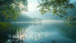 Tranquil lake scene with mist rising from the water's surface, sunlight filtering through branches overhead, and gentle ripples on the lake set against a backdrop of lush mountains.