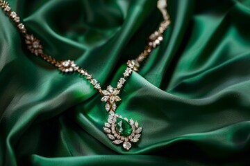 Spectacular diamond and emerald necklace on a green satin fabric