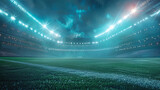 Fototapeta Sport - A panoramic view of an empty football stadium with lush green grass under the illumination of bright stadium lights. The stands are vast and deserted, creating a serene atmosphere as dusk sets in.