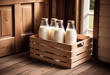 Milk bottles in a crate by the door in the village