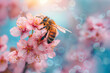 a bee pollinates a cherry flower, close up