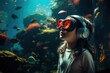 Portrait of a beautiful girl wearing glasses and headphones, listening to an audio tour in an aquarium.