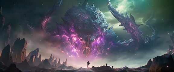 Wall Mural - Colossal planet eater multidimensional beast is about the consume a lone wanderer on a desolate alien planet