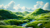 Rolling Meadows: A Traditional Animation of Lush Green Hills and Cloudy Skies in High Detail, Sky Blue Aesthetic, created with Generative AI technology