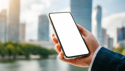 Wall Mural - Close-up of a businessman hand holding a smartphone white screen is blank the background is blurred.Mockup.