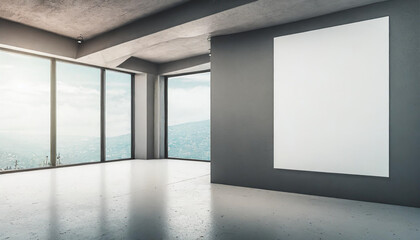 Loft, modern interior mockup with empty frame and decorative elements on concrete textured wall with green plants on on pot.Luxury hotel resort background. Vacation template. Minimal.