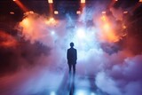 Fototapeta  - Person standing before a surreal stage with clouds and lights