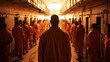 Rear view of prisoner in orange uniform walking in prison corridor