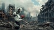 Robot in ruins of a destroyed building. 3D rendering