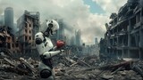 Fototapeta Uliczki - Robot in ruins of a destroyed building. 3D rendering