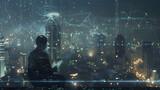 Fototapeta Perspektywa 3d - Businessman on dark background using digital technological interface with datas 3D rendering

