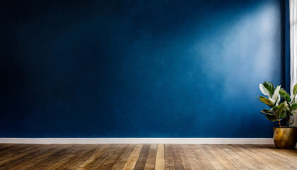 Dark blue wall in an empty room with a wooden floor